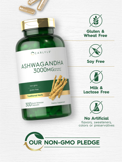 Ashwagandha Supplement 3000Mg | 300 Capsules | Non-Gmo, Gluten Free | by