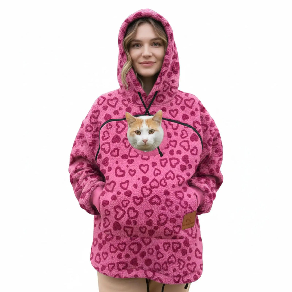 Senhoras inverno com capuz cordeiro veludo zíper canguru bolso gato cão mamãe outwear moletom confortável estilo de rua moda na moda