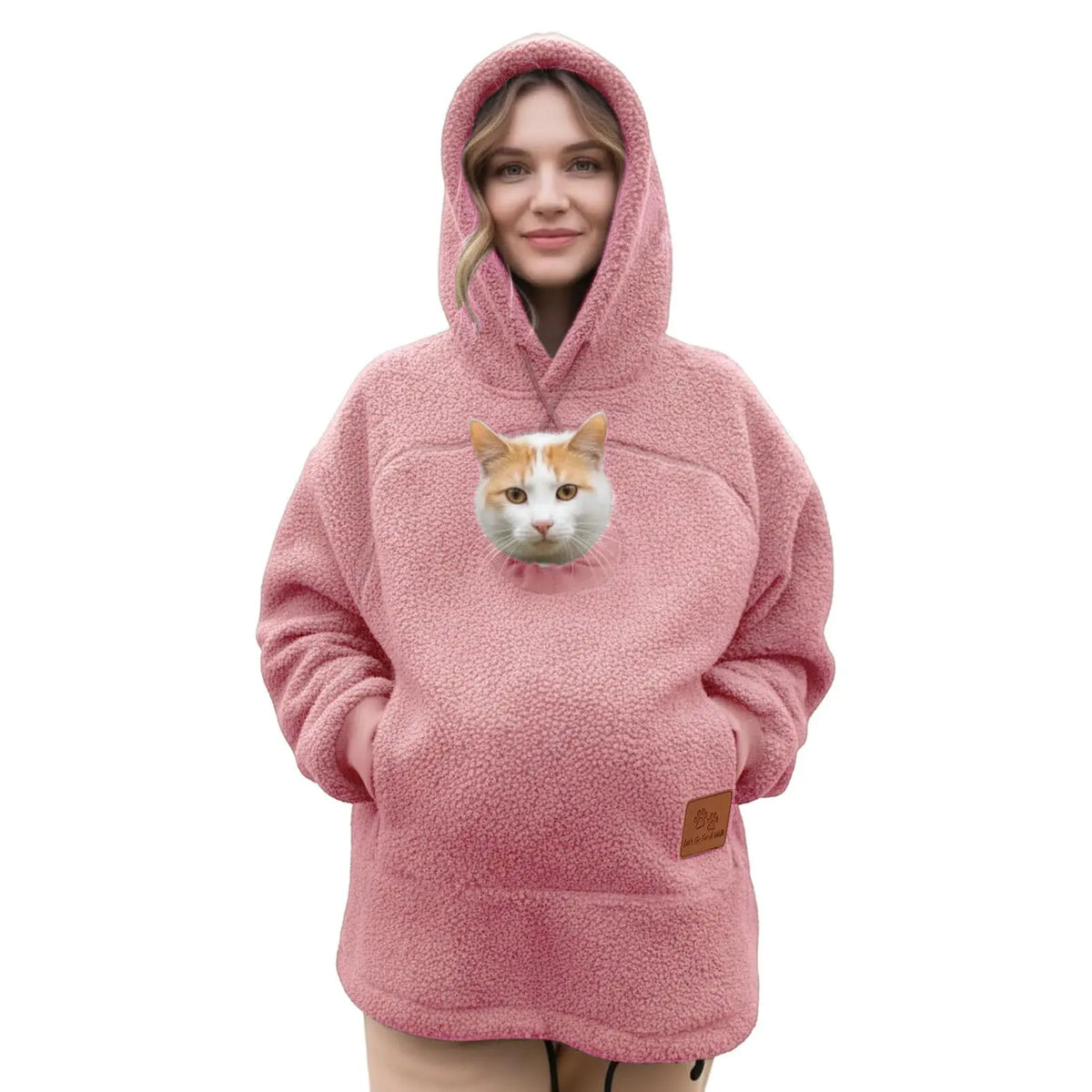 Senhoras inverno com capuz cordeiro veludo zíper canguru bolso gato cão mamãe outwear moletom confortável estilo de rua moda na moda