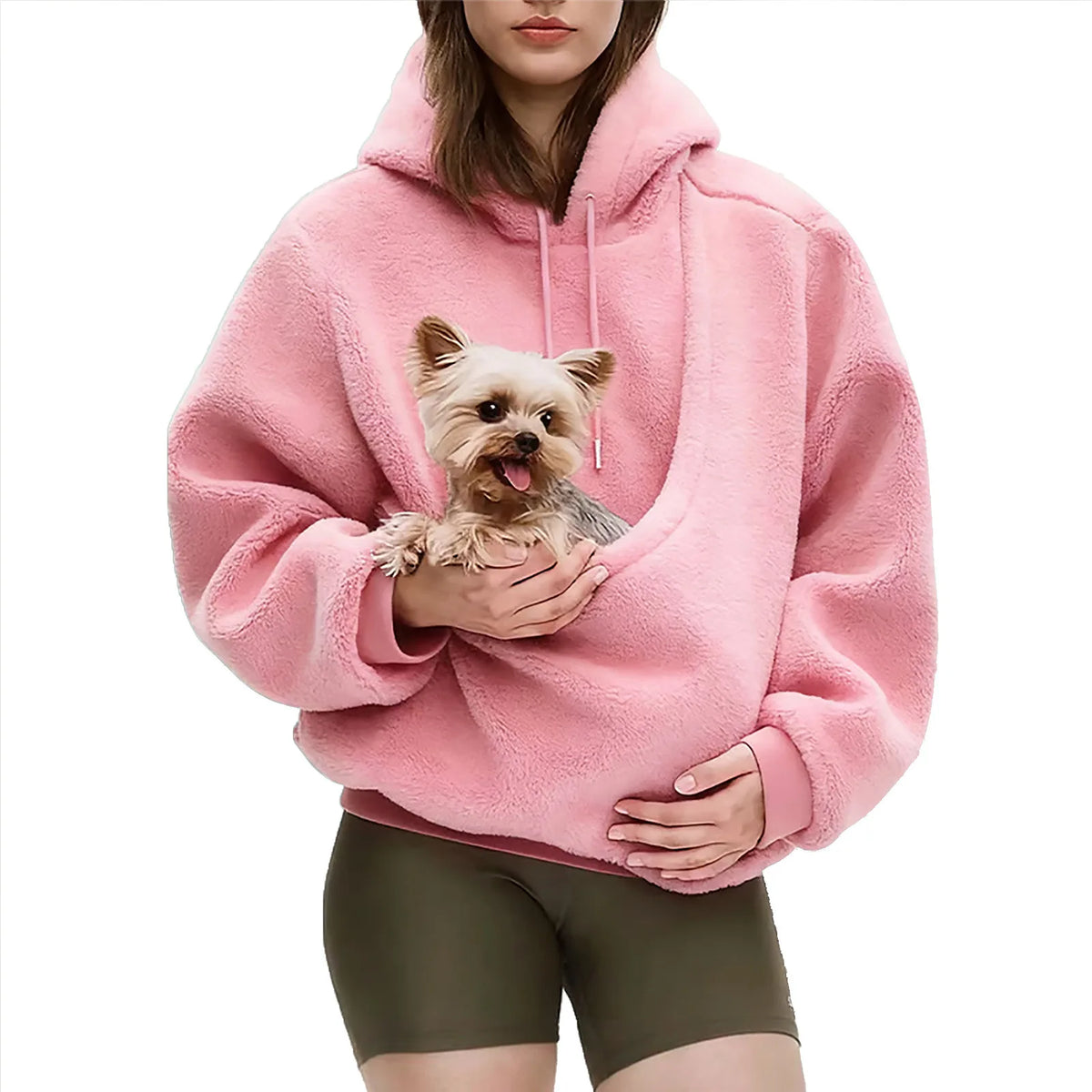 Moletom Feminino com Capuz e Bolso Frontal, Estilo Casual, Cor Sólida, Caimento Solto, em Fleece Macio, para Uso Externo no Outono