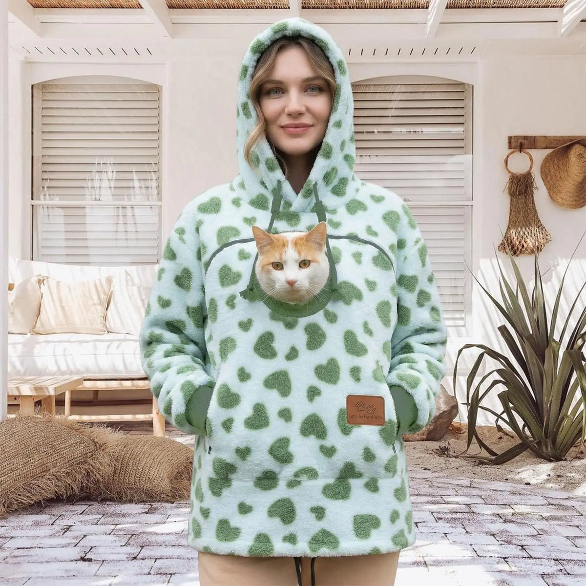 Senhoras inverno com capuz cordeiro veludo zíper canguru bolso gato cão mamãe outwear moletom confortável estilo de rua moda na moda