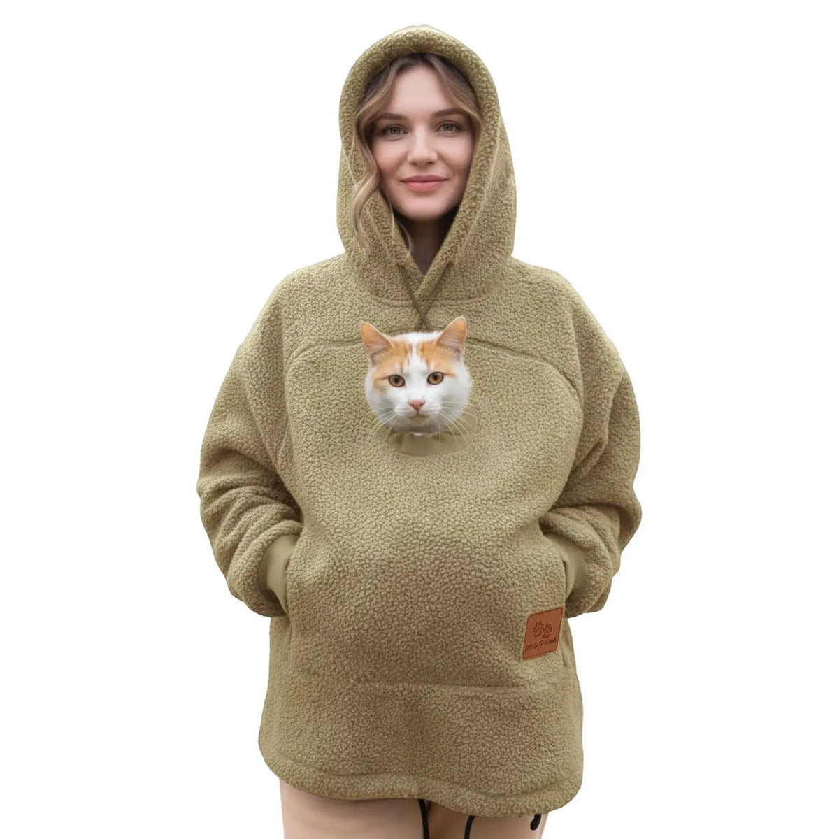 Senhoras inverno com capuz cordeiro veludo zíper canguru bolso gato cão mamãe outwear moletom confortável estilo de rua moda na moda