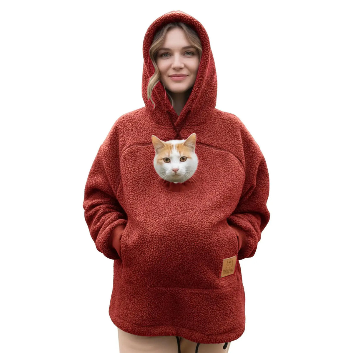 Senhoras inverno com capuz cordeiro veludo zíper canguru bolso gato cão mamãe outwear moletom confortável estilo de rua moda na moda