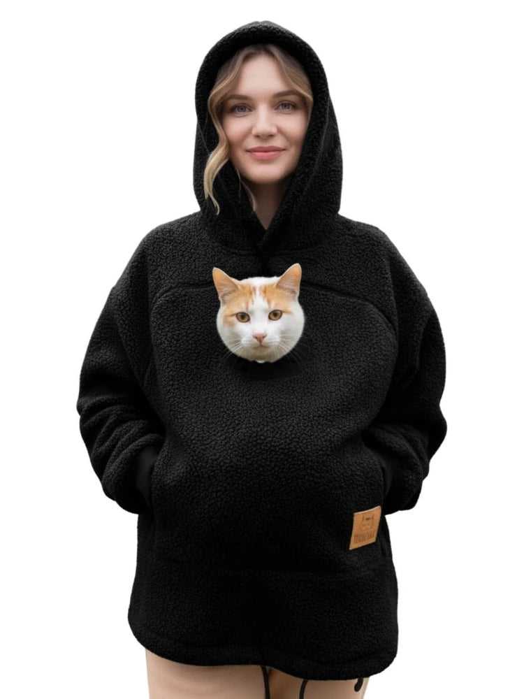 Senhoras inverno com capuz cordeiro veludo zíper canguru bolso gato cão mamãe outwear moletom confortável estilo de rua moda na moda